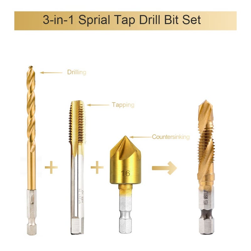 HIDOTOL Titanium Combination Drill and Tap Bits Set, 6 PC Metric Screw Taps, 3-in-1 Bit Tool for Drilling, Tapping and Countersinking - Image 3